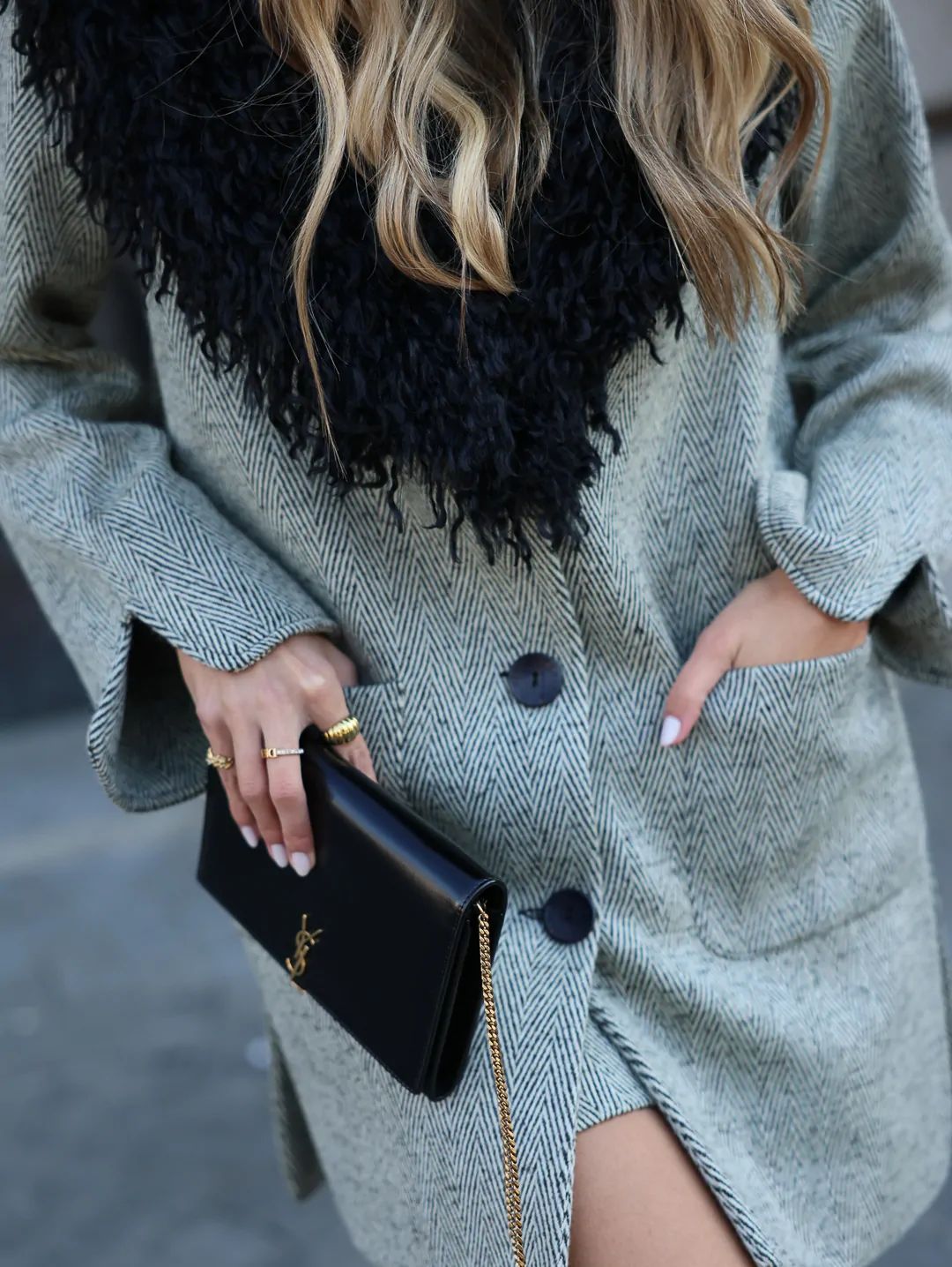 Casaco Tweed com Gola de Pêlo