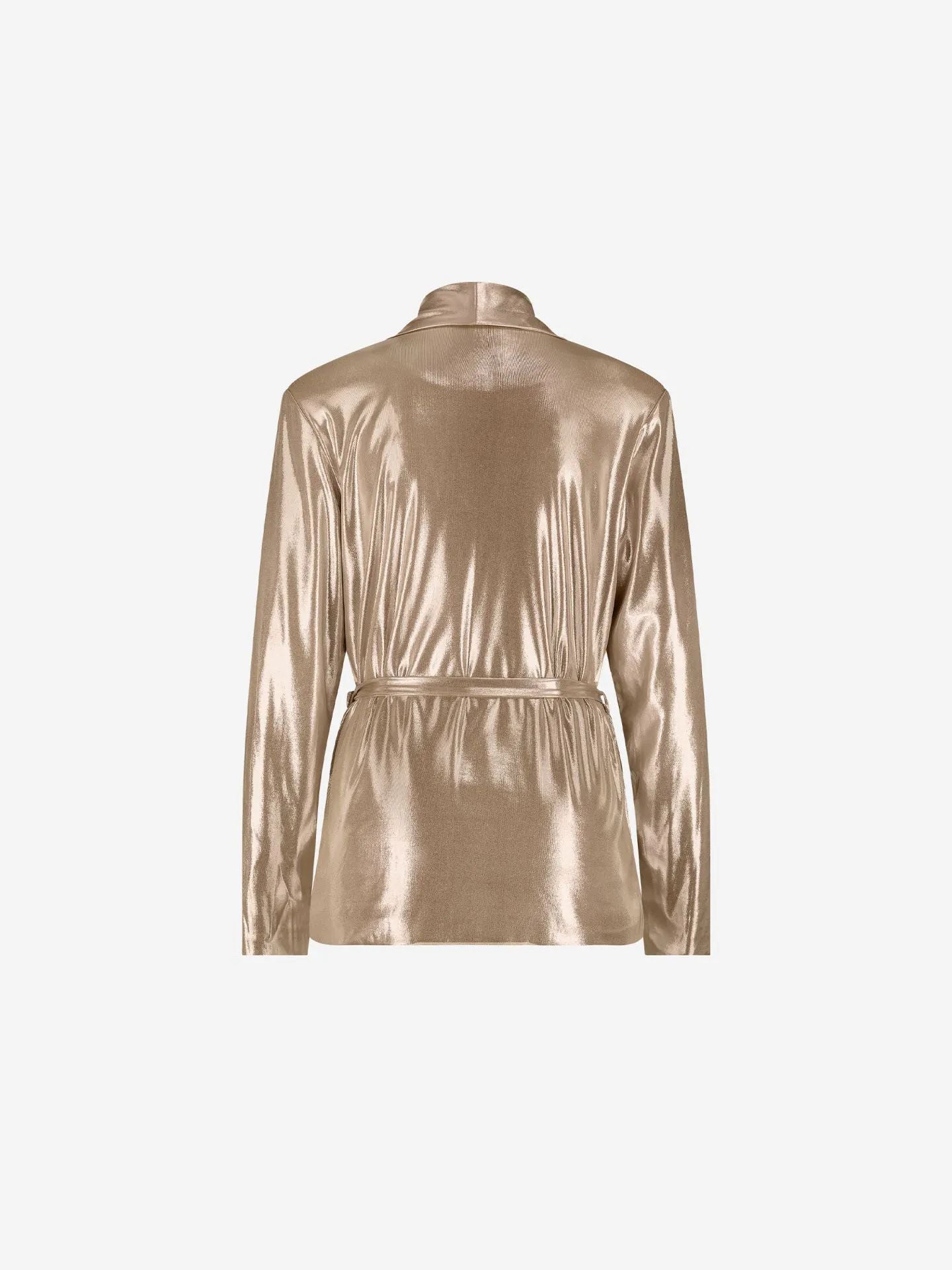 Blazer com visual metálico e cinto de amarrar