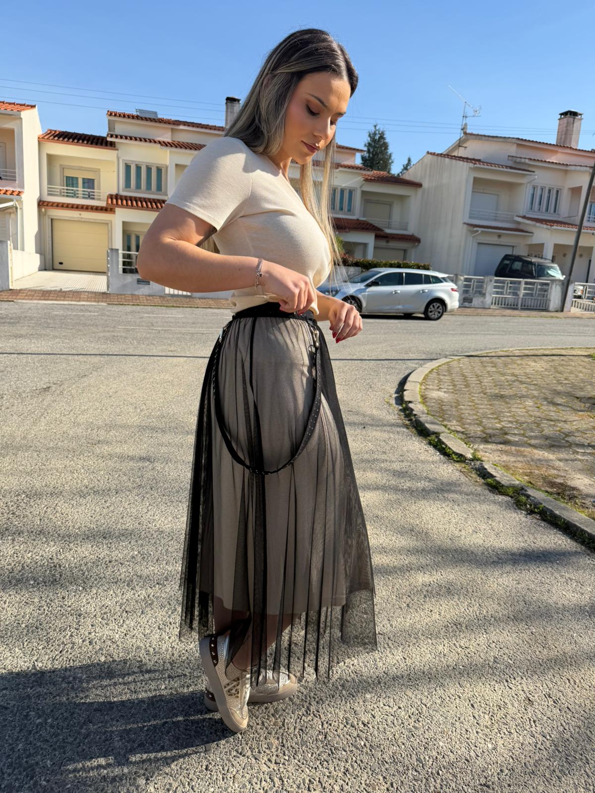 Saia Tule Midi com Cinto