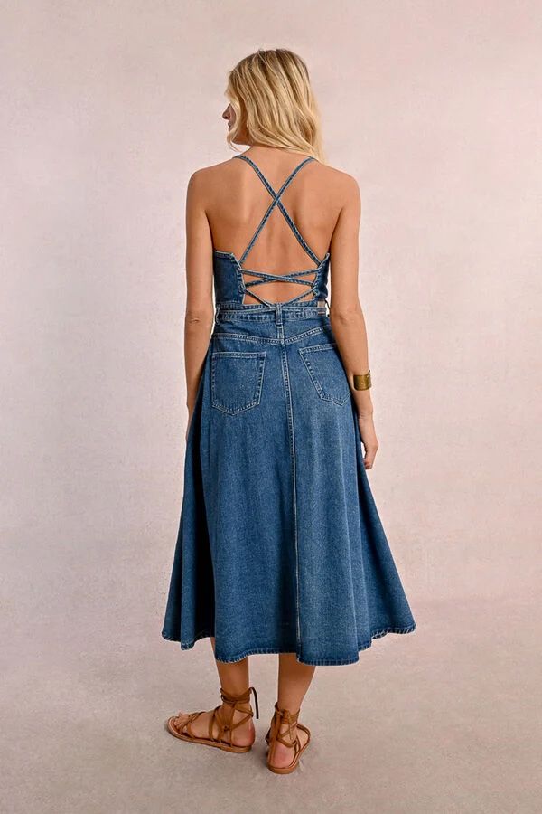 Vestido midi jeans com alças
