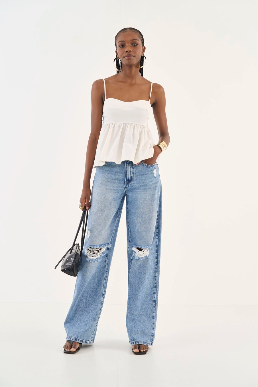 Calça Jeans Wide Leg Destroyed