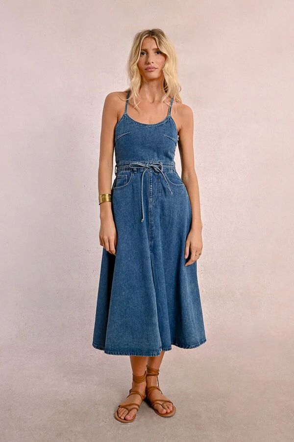 Vestido midi jeans com alças