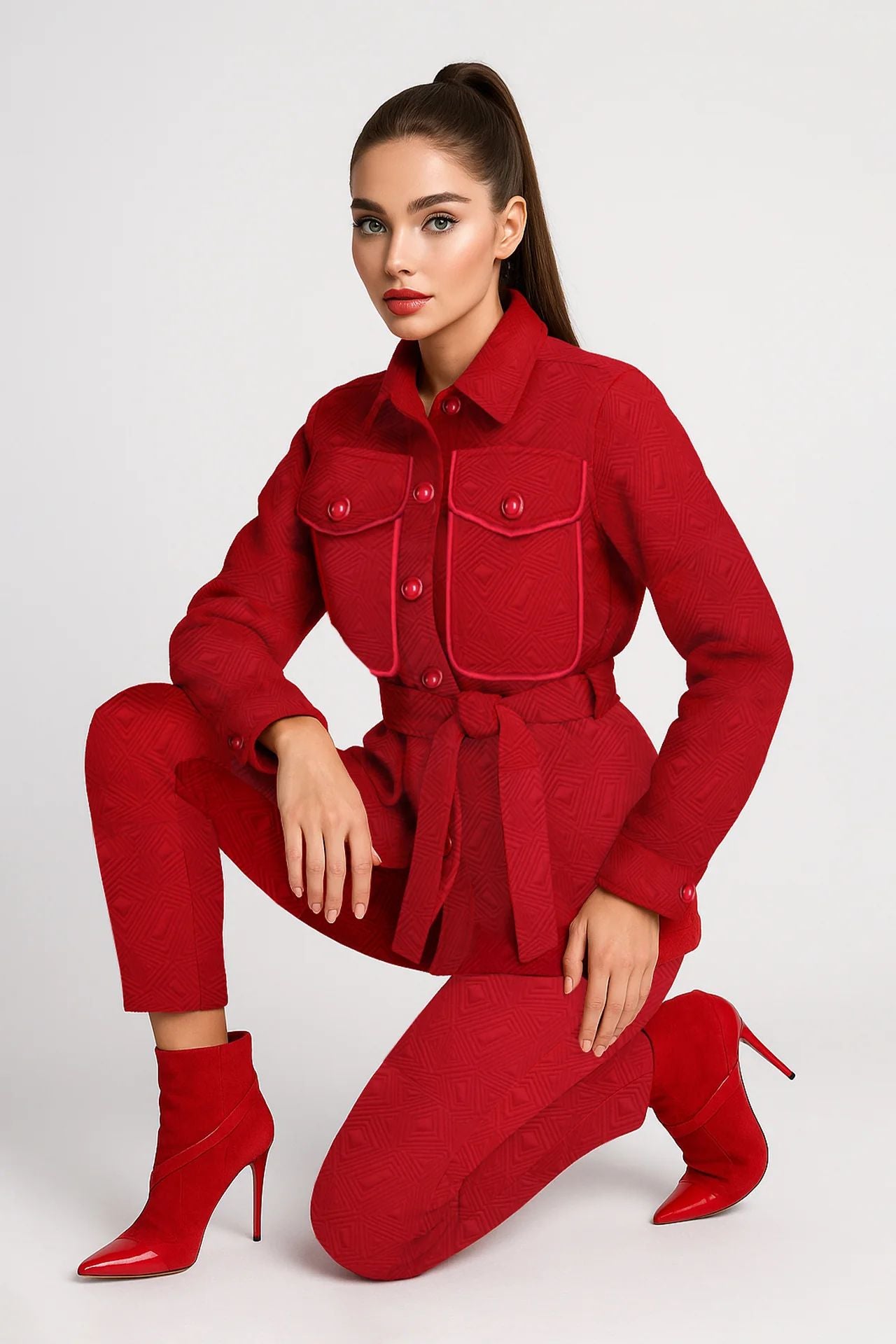 Conjunto Feminino Vermelho com Camisa Estruturada e Calça Slim Fit