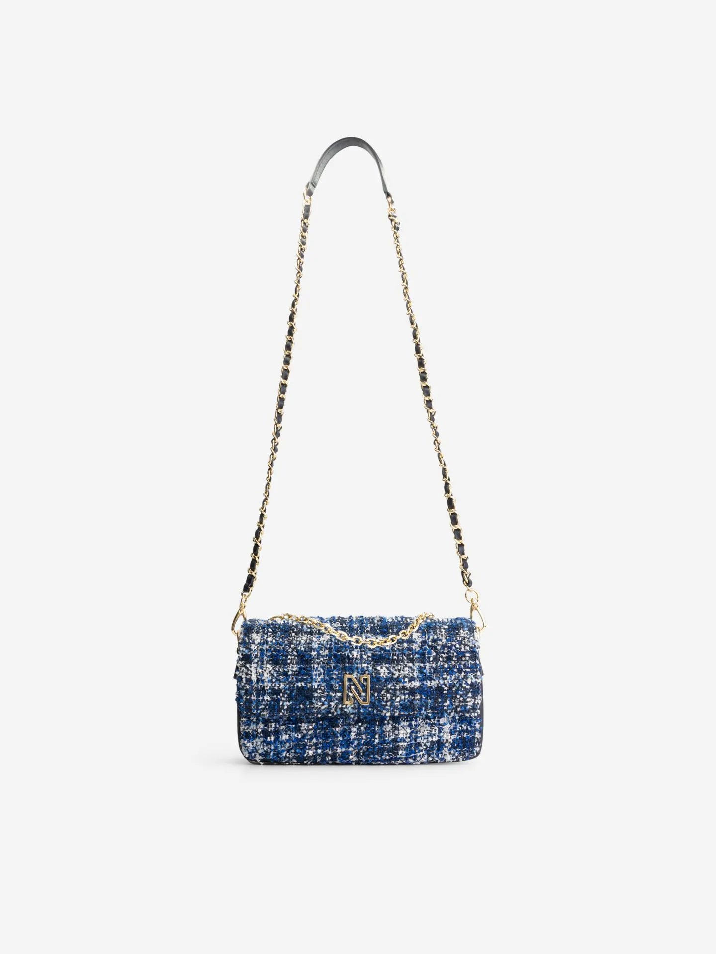Bolsa de ombro em tweed com padrão pied-de-poule