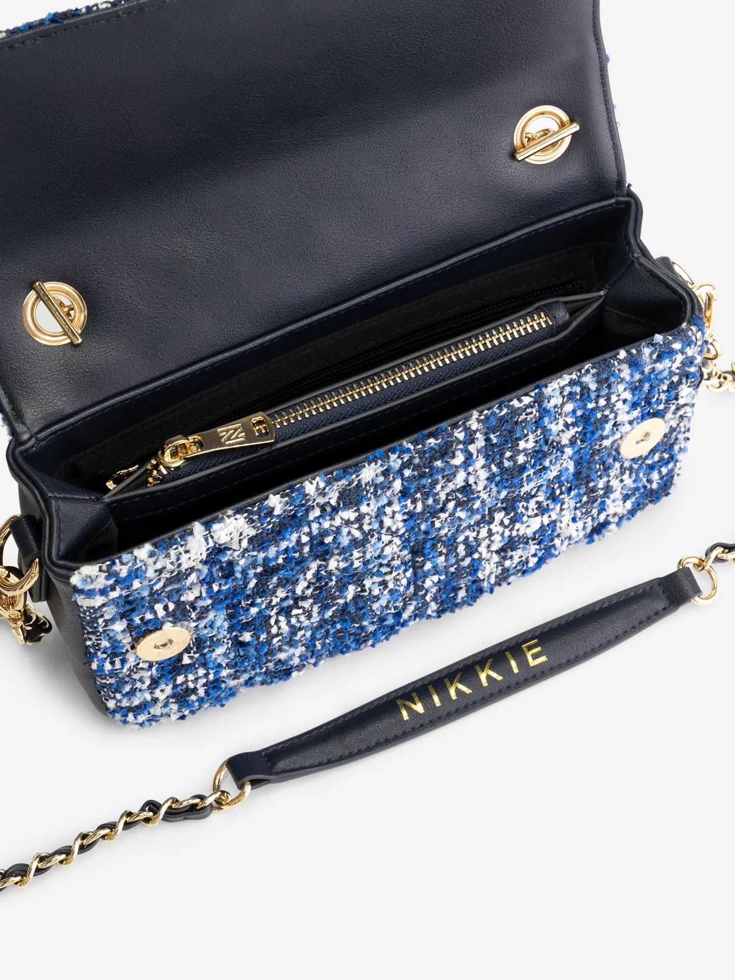 Bolsa de ombro em tweed com padrão pied-de-poule