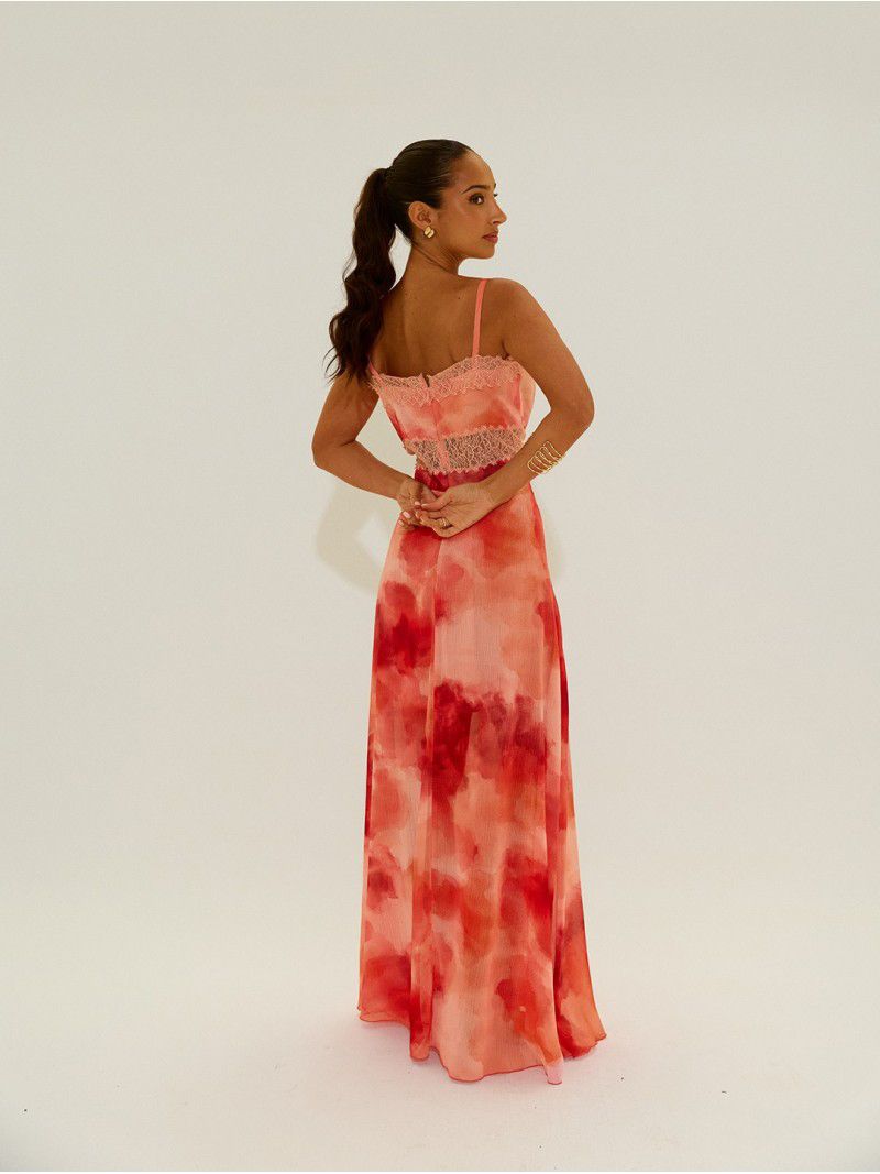 Vestido comprido tye dye com detalhes em renda