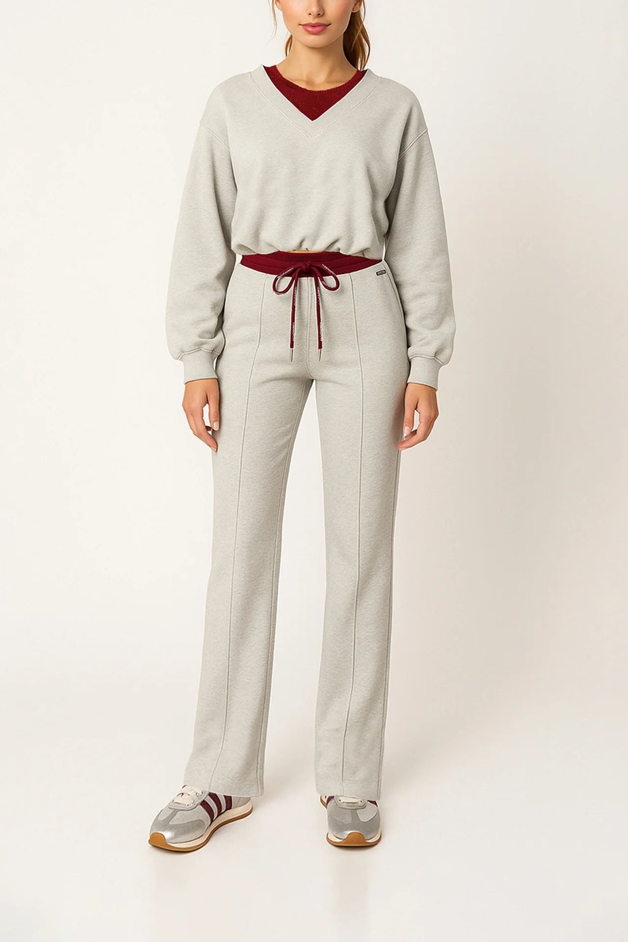 Sweatshirt cropped em cinzento com decote em V