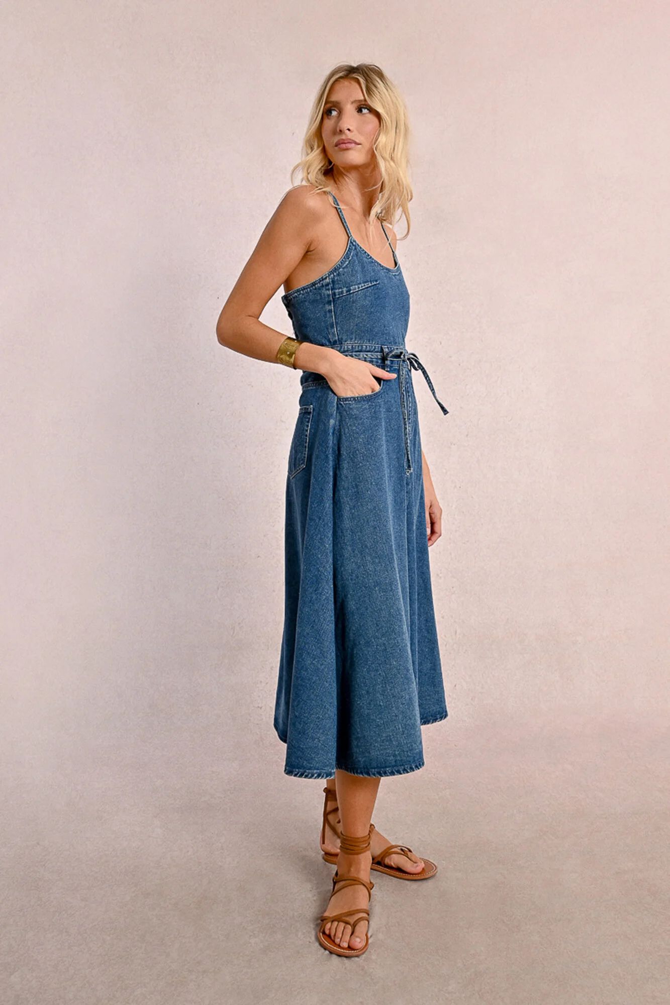 Vestido midi jeans com alças
