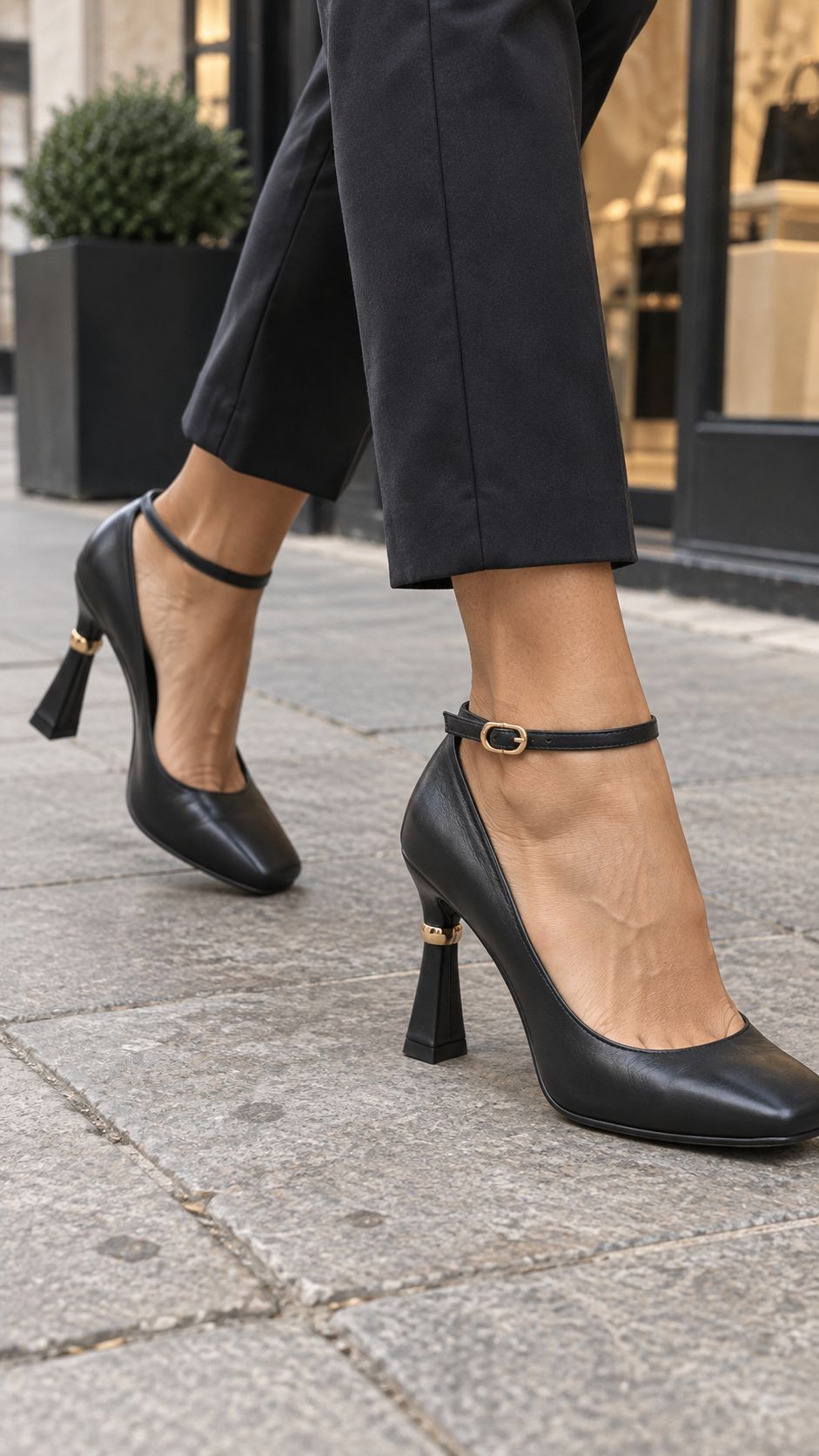 Sapatos Pretos em Pele com Detalhes Dourados
