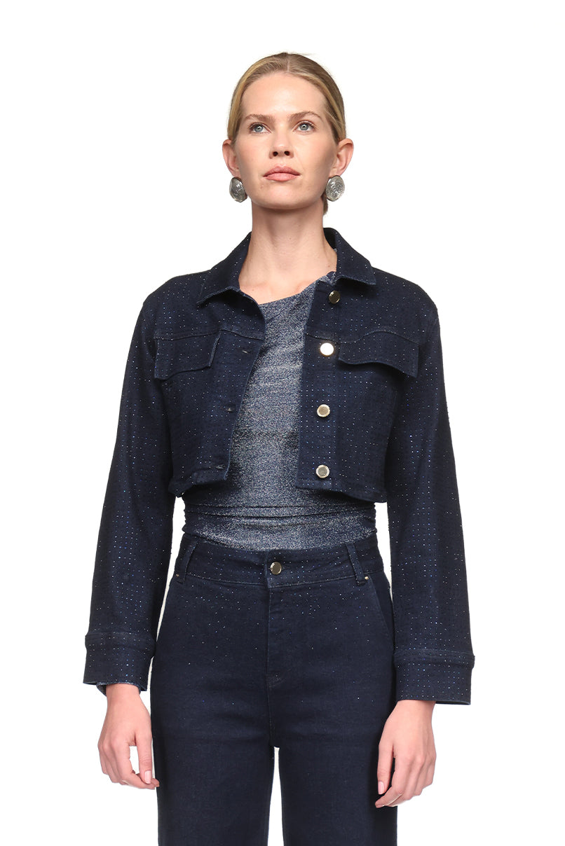 Casaco denim cropped detalhes brilhos