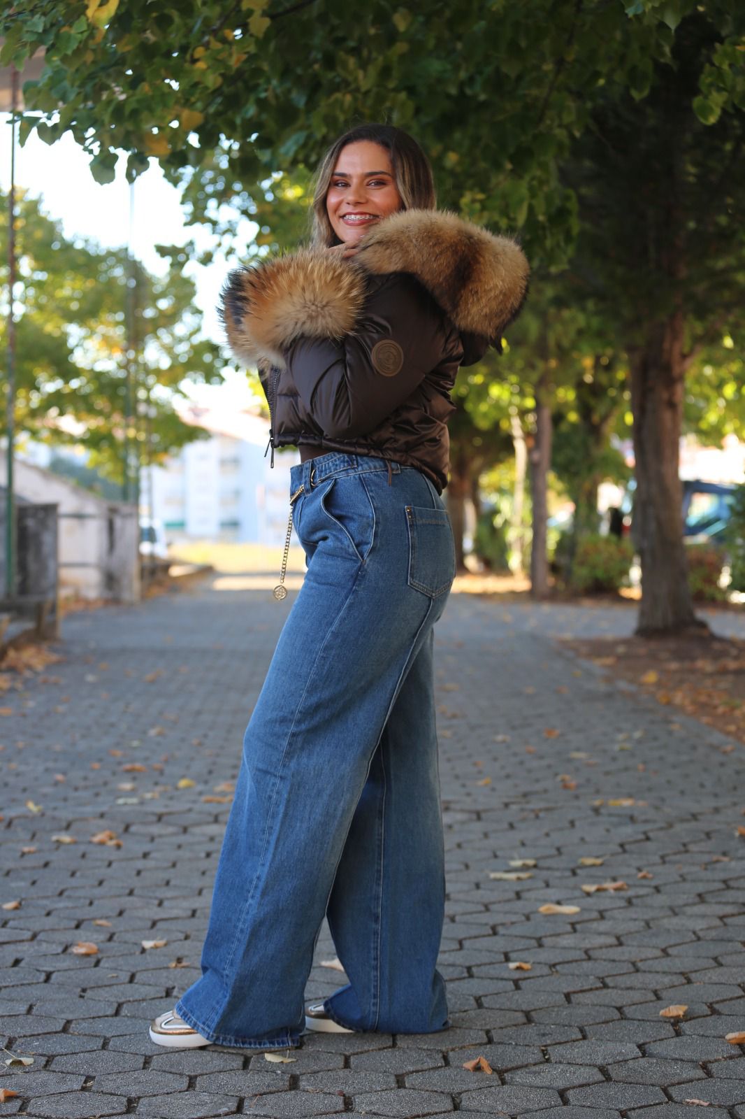 Calças de Ganga Wide Leg com Cintura Subida