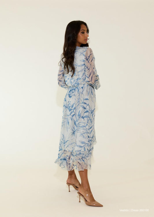 Vestido midi estampado com fio metalizado