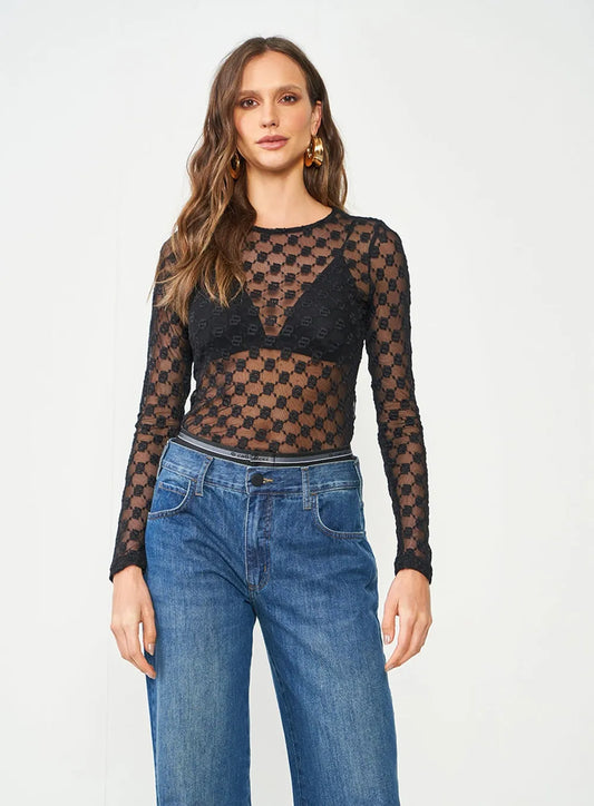 Blusa Preta Slim De Tule Duplo C