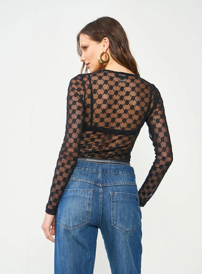 Blusa Preta Slim De Tule Duplo C
