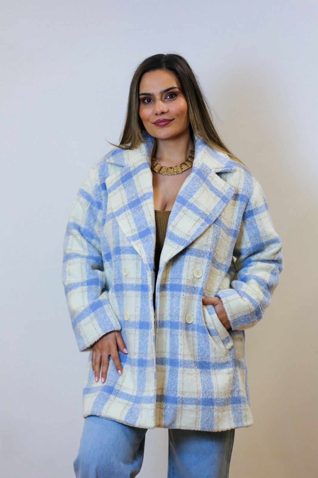 Casaco Xadrez Soft Azul & Creme