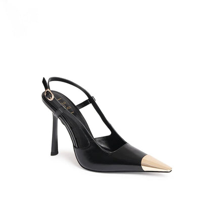 Scarpin Slingback Preto com Ponteira Dourada