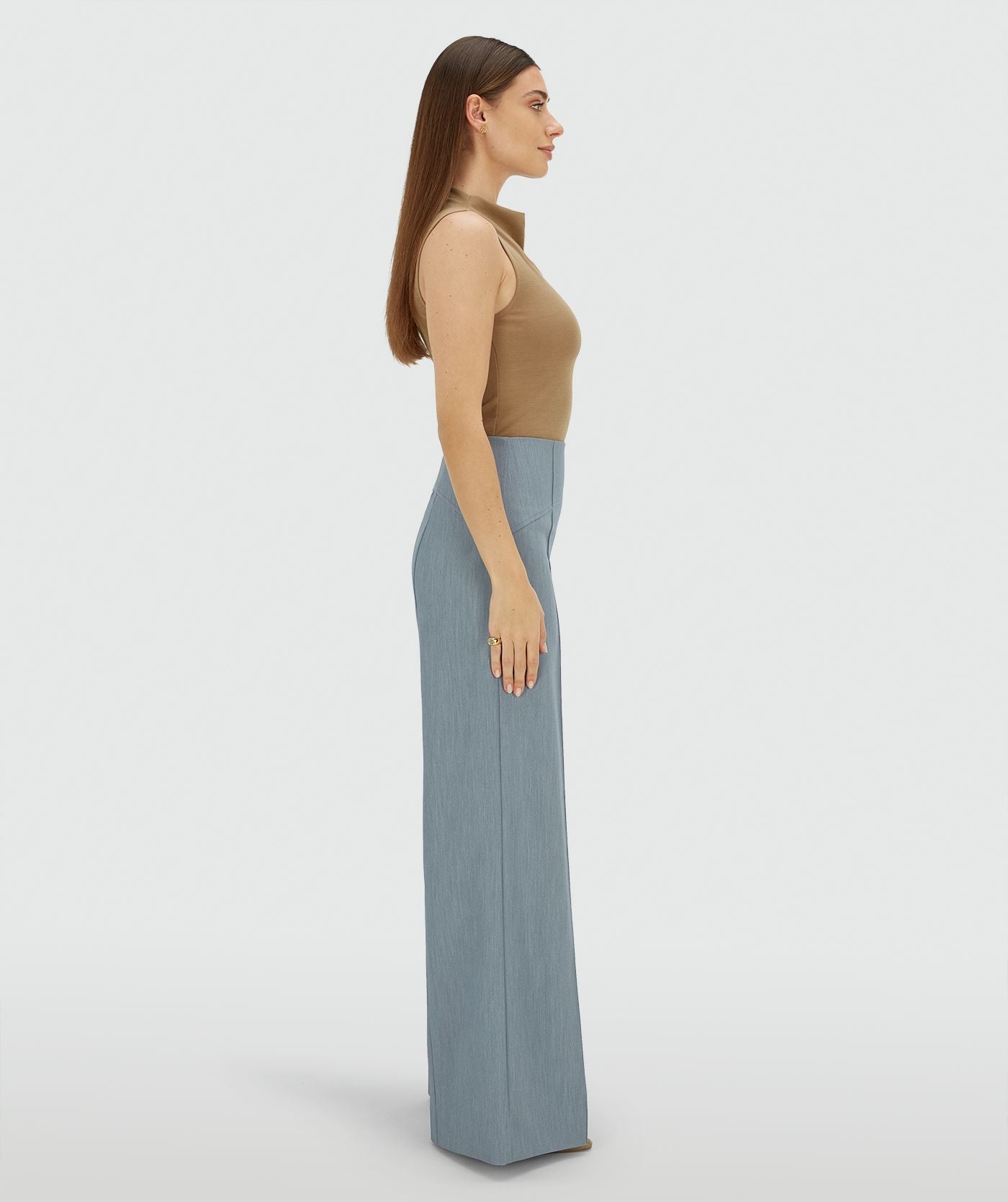 Calça MICHELLA de cintura alta e pernas largas - azul celeste mesclado