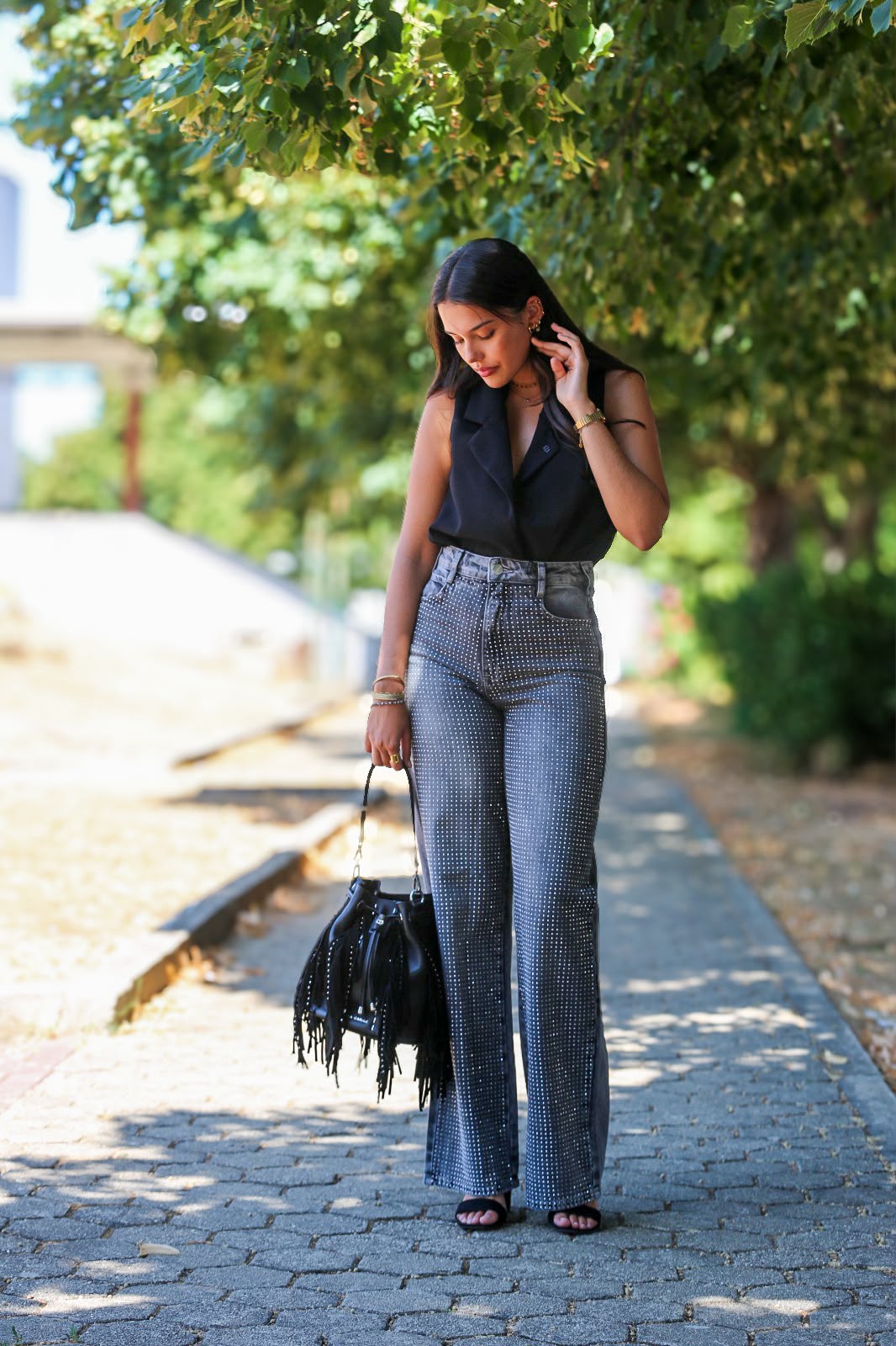 Calça Jeans Wide Leg com Brilhos