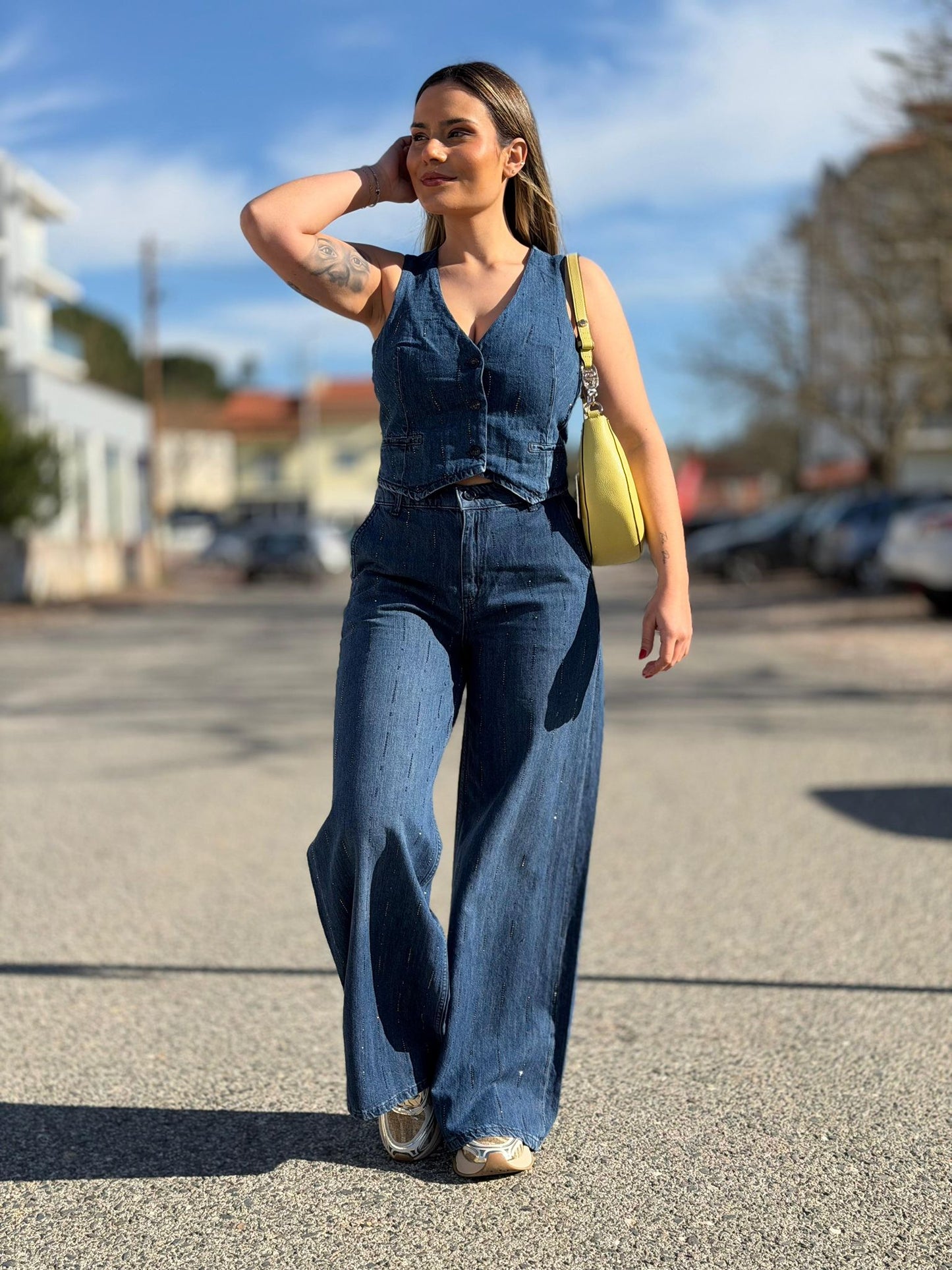 Conjunto Denim Elegante (Colete + Calça Wide Leg)