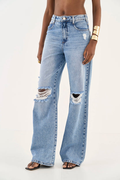 Calça Jeans Wide Leg Destroyed