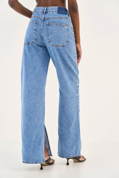Calça Jeans Juliette Wide Leg Com Bordado