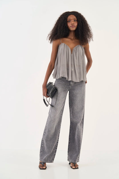 Calça Jeans Wide Leg com Brilhos