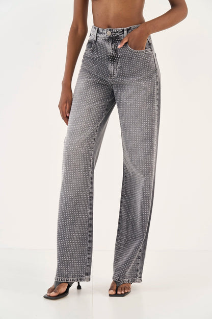 Calça Jeans Wide Leg com Brilhos