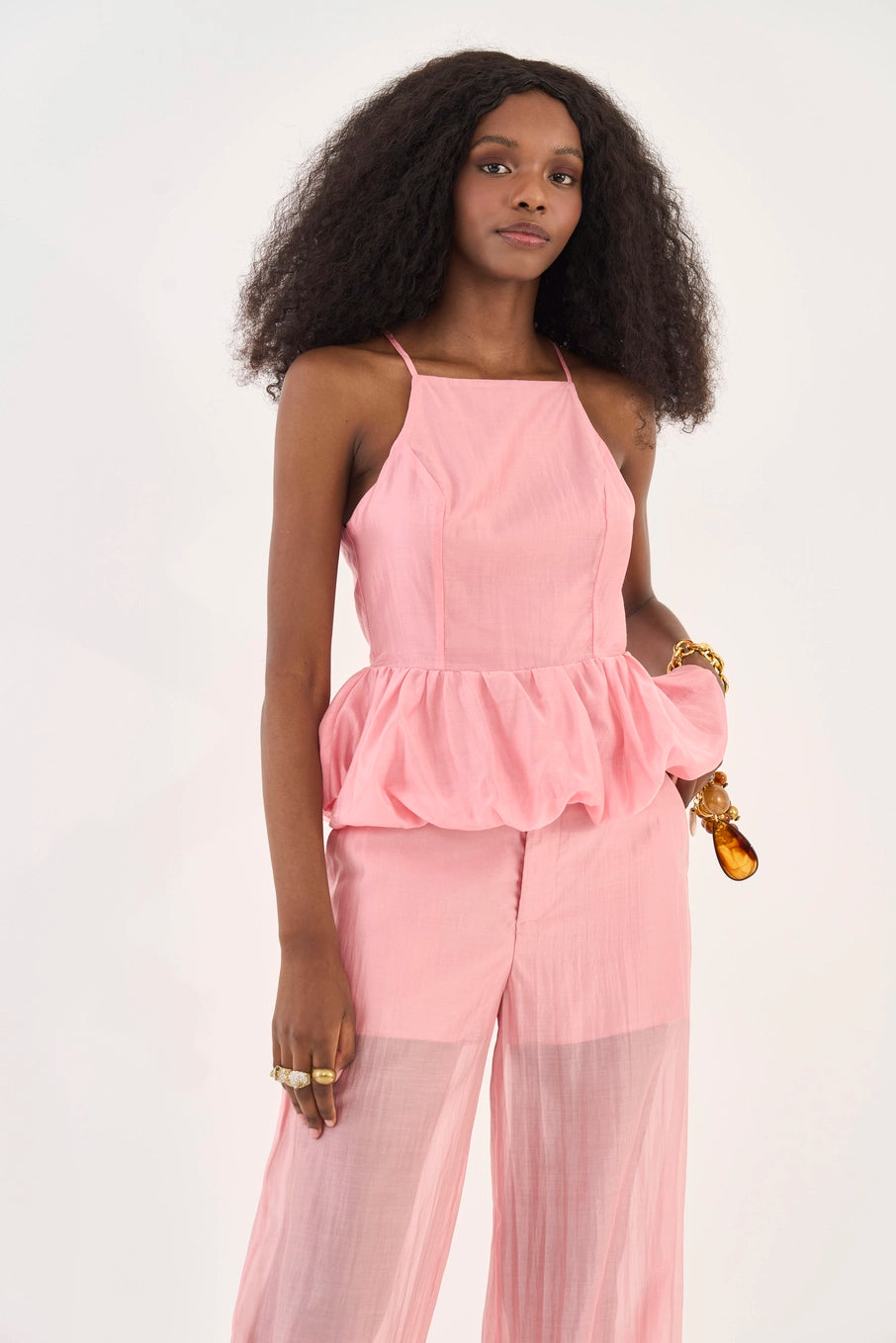 Conjunto Blusa Peplum & Calça Rosa