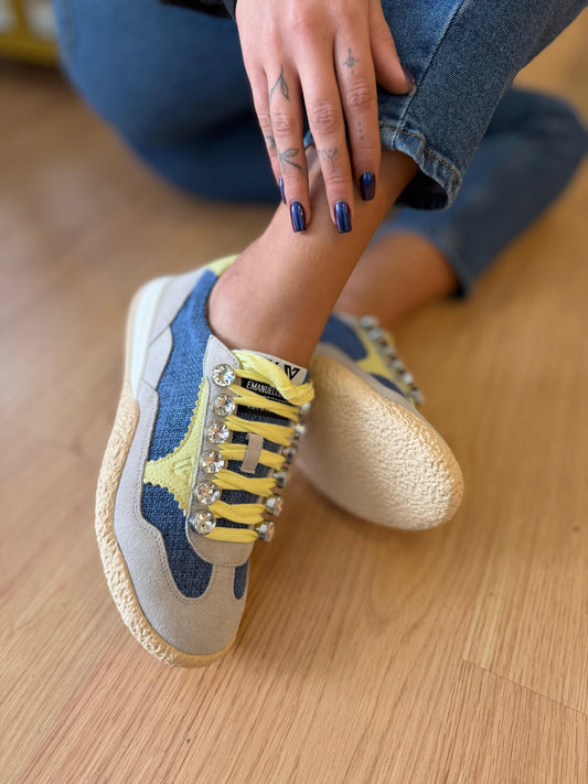 Ténis Emanuélle Vee - Azul & Amarelo com Detalhes Brilhantes
