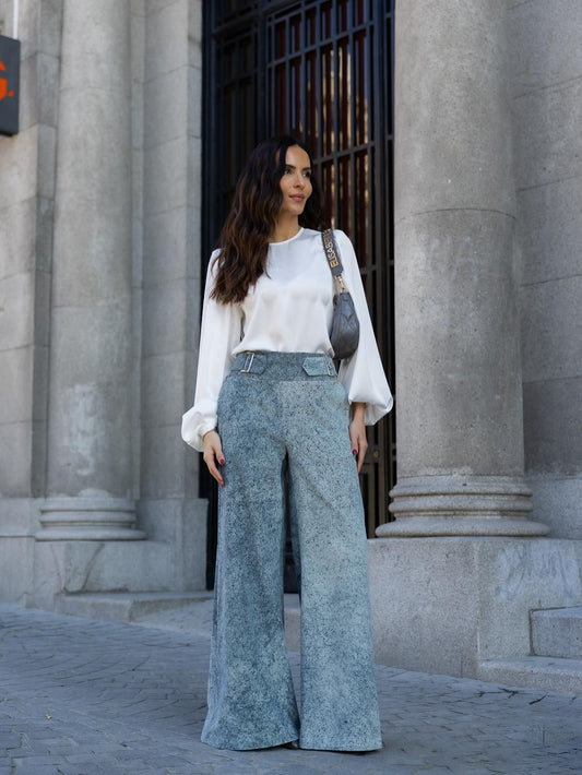 Calça Wide Leg em Ganga de Veludo Azul