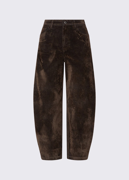 Calça Castanha Efeito Camurça de Cintura Subida