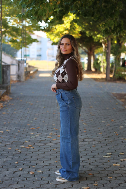 Calças de Ganga Wide Leg com Cintura Subida