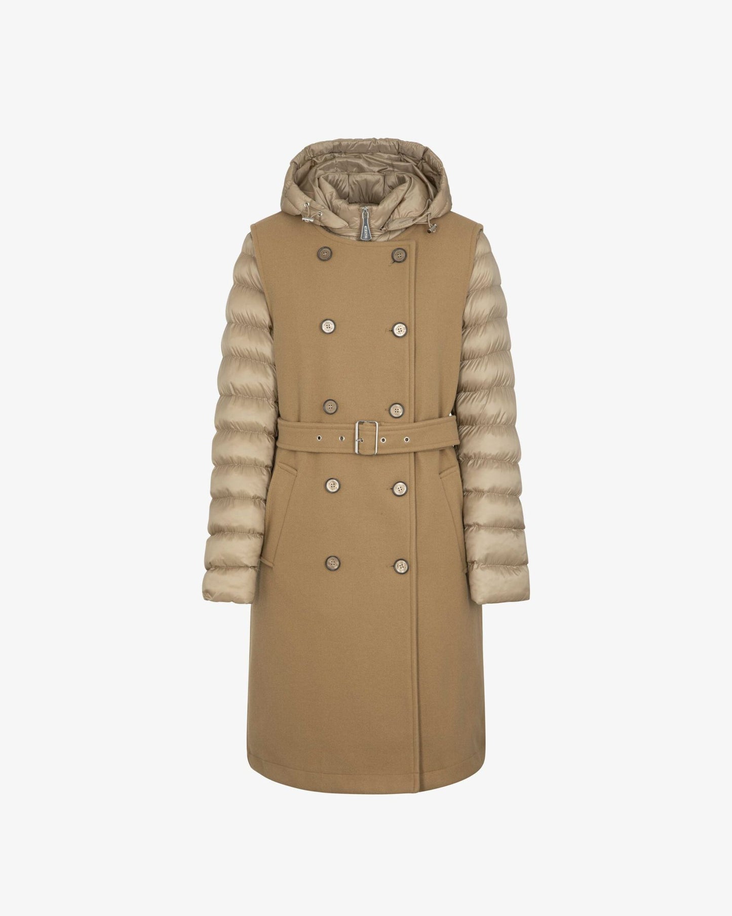 Casaco Midi Bicolor com Mangas Acolchoadas e Capuz