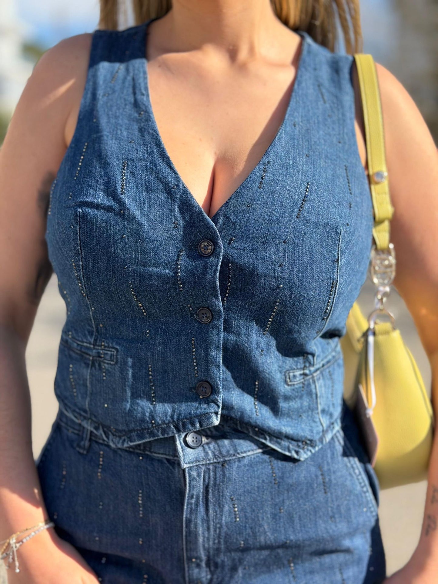 Conjunto Denim Elegante (Colete + Calça Wide Leg)