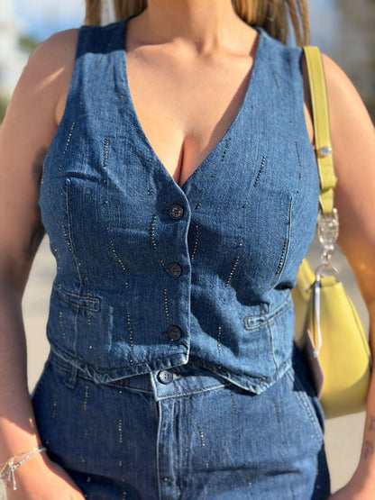 Conjunto Denim Elegante (Colete + Calça Wide Leg)
