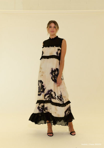 Vestido estampado com folhos a contrastar