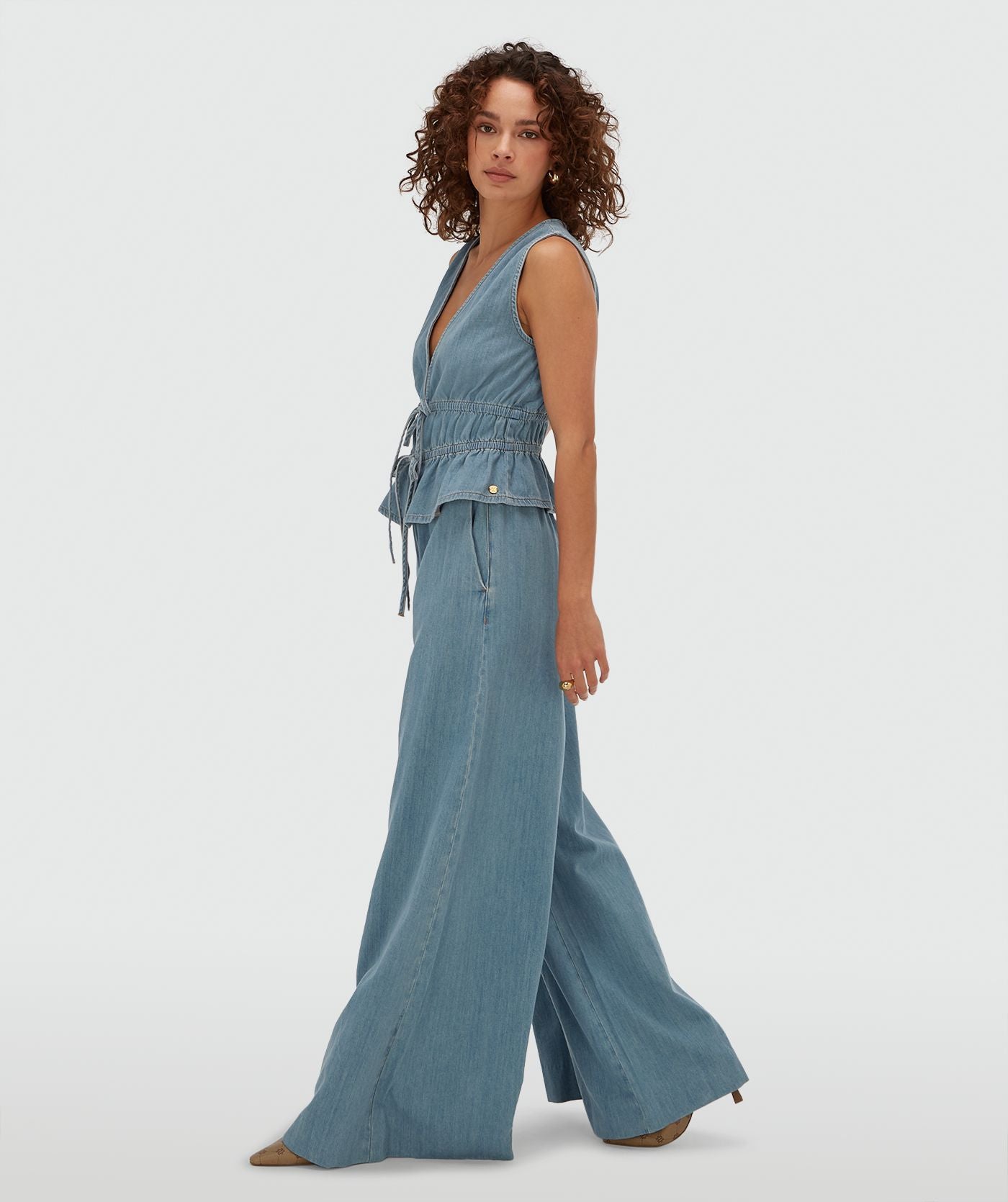 Calças de perna larga SERA com efeito denim - denim azul médio