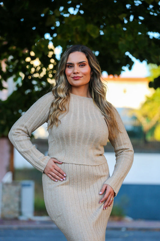 Conjunto de Malha Canelada Bege