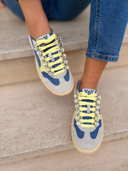 Ténis Emanuélle Vee - Azul & Amarelo com Detalhes Brilhantes