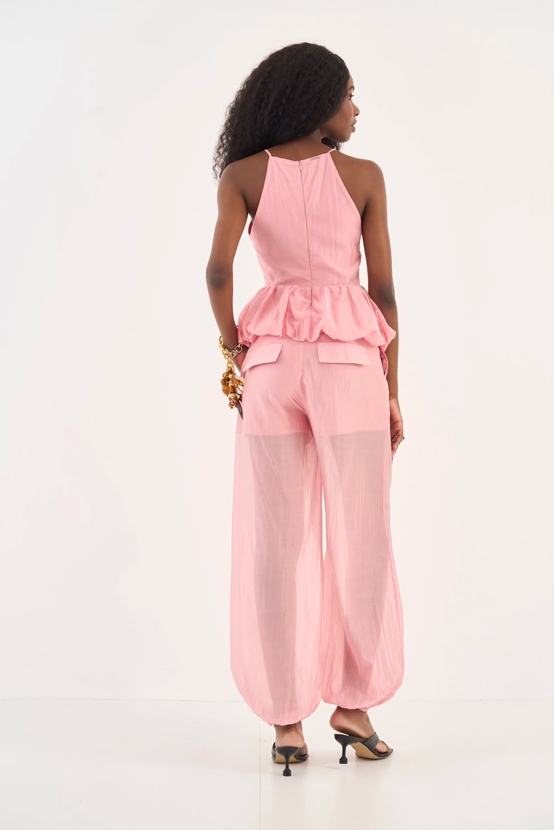 Conjunto Blusa Peplum & Calça Rosa