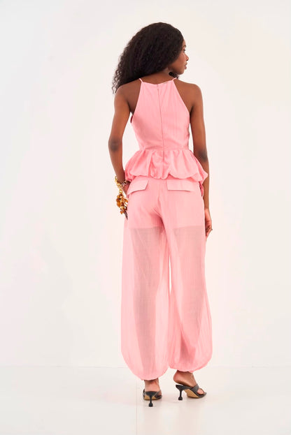 Conjunto Blusa Peplum & Calça Rosa
