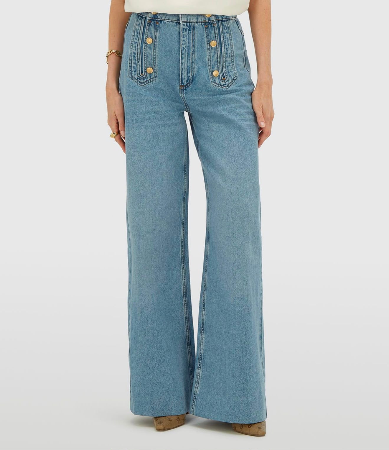 Calça jeans JV-RUMO de cintura alta e pernas largas - jeans azul claro