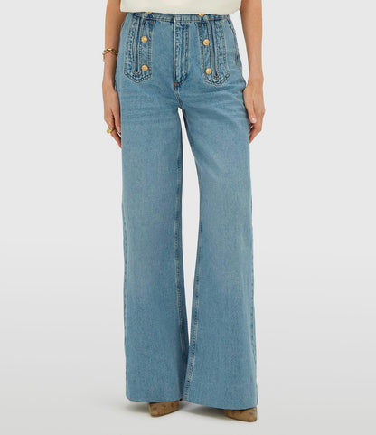 Calça jeans JV-RUMO de cintura alta e pernas largas - jeans azul claro