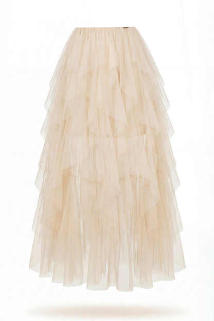 Saia comprida em tule com folhos