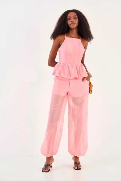 Conjunto Blusa Peplum & Calça Rosa