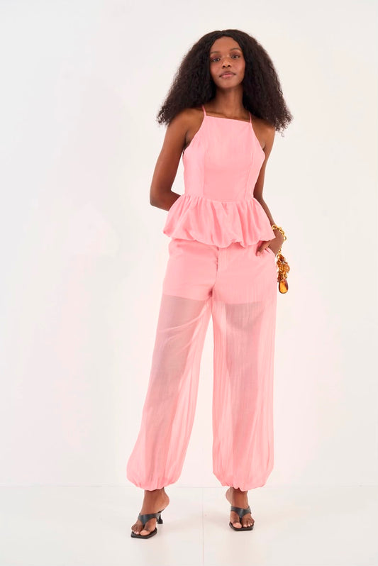 Conjunto Blusa Peplum & Calça Rosa