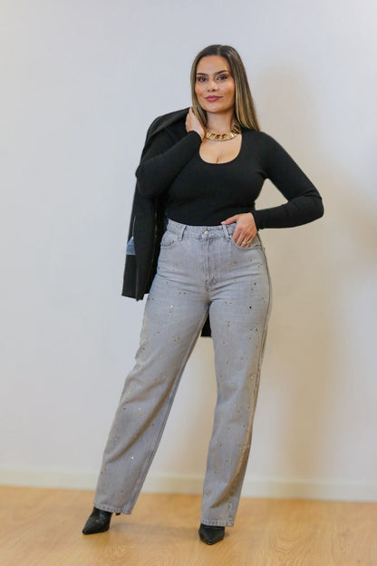 Calça jeans PHEBE de cintura média com tachas - jeans cinza