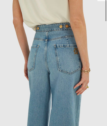 Calça jeans JV-RUMO de cintura alta e pernas largas - jeans azul claro