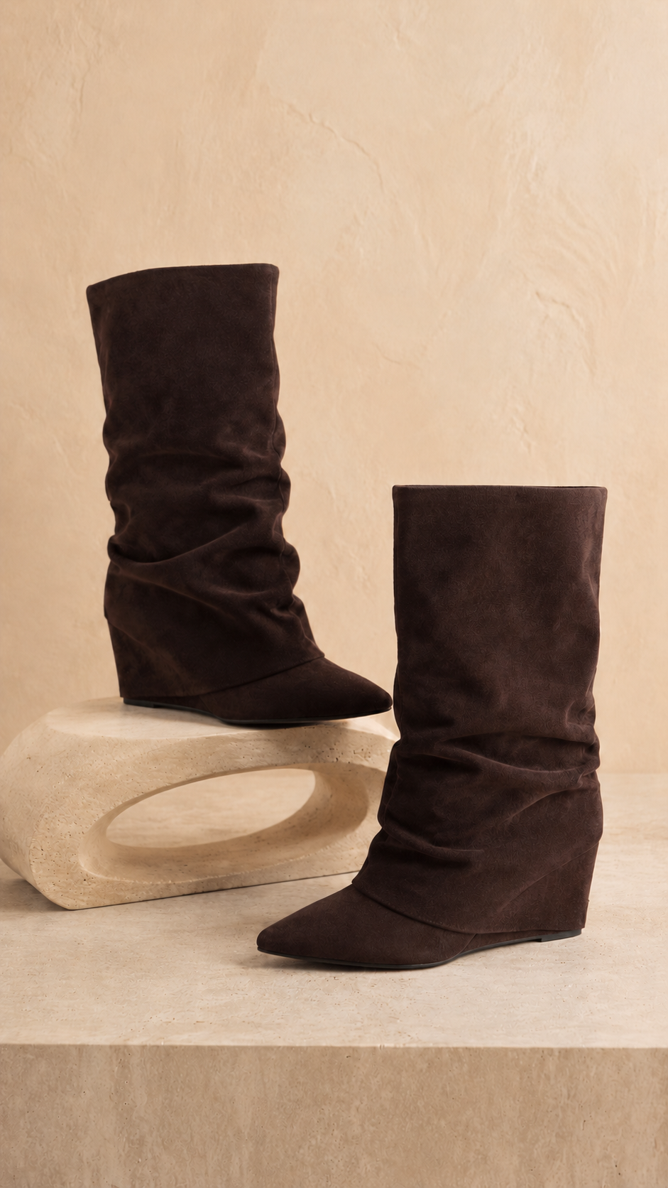 Botas em Camurça Chocolate com Salto em Cunha