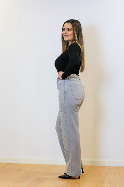 Calça jeans PHEBE de cintura média com tachas - jeans cinza